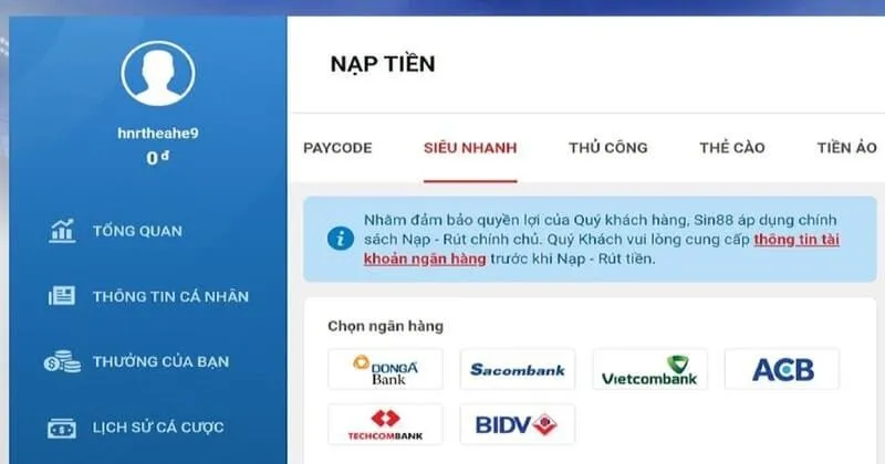 Nạp tiền nhanh tại Sin88 rất an toàn, tiện lợi.